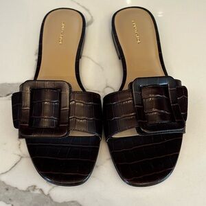 Ann Taylor, Brown Faux Croc, Leather Buckle Flat Sandal/Slides, Sz. 8.5